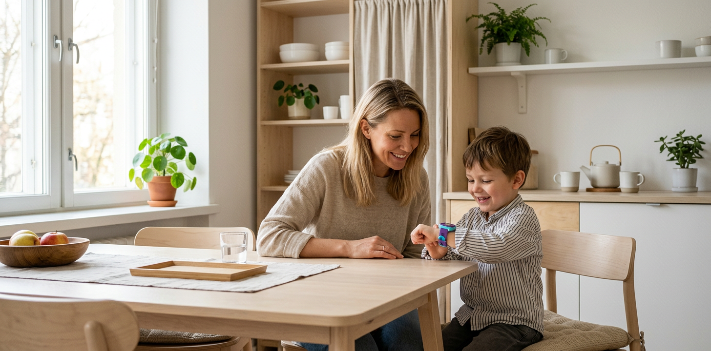 Förälder och barn tittar på GPS-klocka vid köksbordet