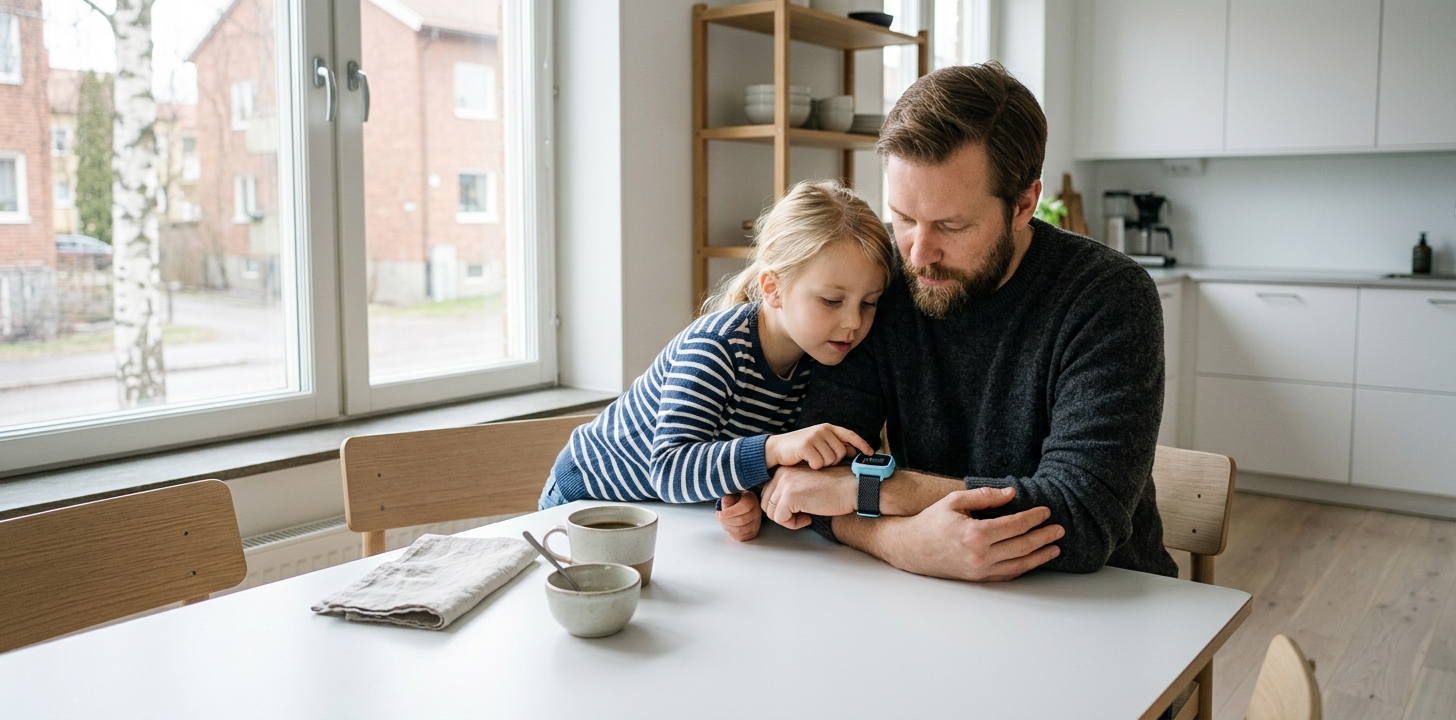 Förälder och barn vid nordiskt köksbord
